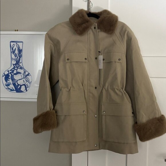 Women's Tan Utility Jacket with Brown Fur Trim - Picture 4 of 4